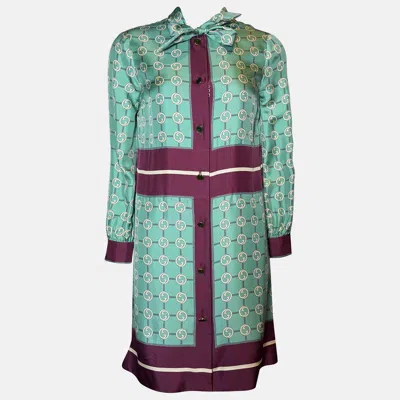 Pre-owned Gucci Silk Teal/purple Gg Printed Silk Button-up Neck Tie Dress Size Xs In Green