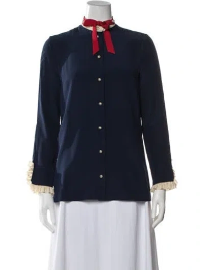 Pre-owned Gucci Silk Tie Neck Blouse In Blue