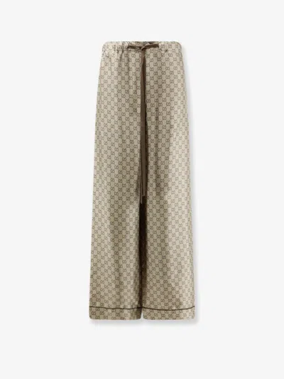 Gucci Silk Trousers With All-over Gg Motif In Beige