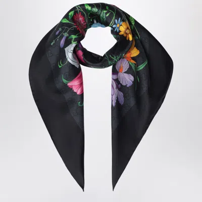 Gucci Silk Twill Carré Scarf With Gg Flora Print In Black