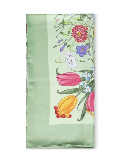 Gucci Silk Twill Flora Print Scarf In Green