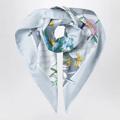 Gucci Silk Twill Flora Print Scarf In Gray