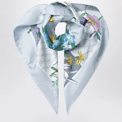 Gucci Silk Twill Scarf With Flora Print In Brown