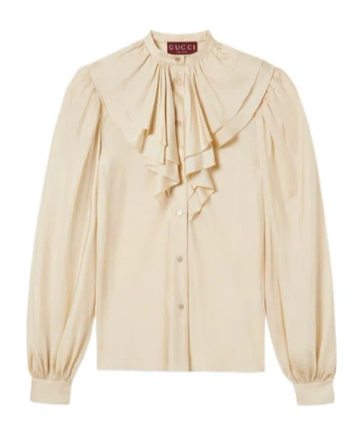 Gucci Silk Twill Shirt With Ruffle Trim In Neutral