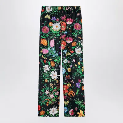 Gucci Silk Twill Trousers With Flora Print Women In Black