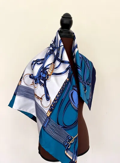 Pre-owned Gucci Silk Wrap Equestrian Horsebit Blue White Unisex Scarf With  Gift Box In Multicolor