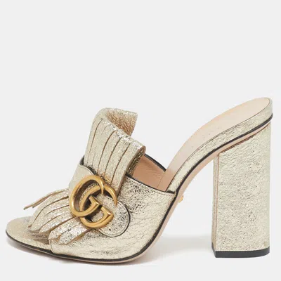 Pre-owned Gucci Silver Crackle Leather Gg Marmont Fringed Slide Sandals Size 35 In Gold