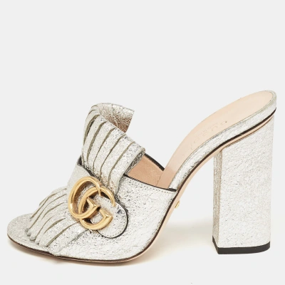 Pre-owned Gucci Silver Crackle Leather Gg Marmont Fringed Slide Sandals Size 36