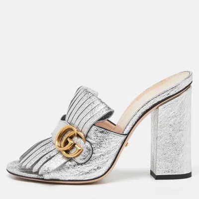 Pre-owned Gucci Silver Crinkled Leather Gg Marmont Fringed Mules Size 38