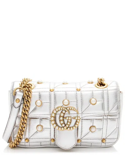 Pre-owned Gucci Silver Faux Pearl, Leather, Metallic Leather Gg Marmont Small Flap Bag  (authentic Pre-loved)