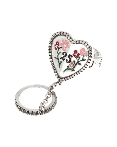 GUCCI GUCCI SILVER FLORAL ENAMEL BLACK SPINEL DOUBLE RING