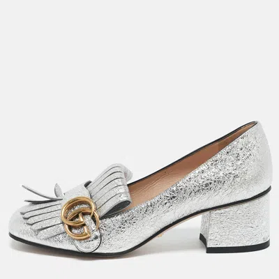 Pre-owned Gucci Silver Foil Leather Gg Marmont Fringe Detail Block Heel Pumps Size 35.5