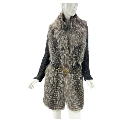 Pre-owned Gucci Silver Fox Lamb Dark Gray Belted Long Cardigan Coat Italian 42