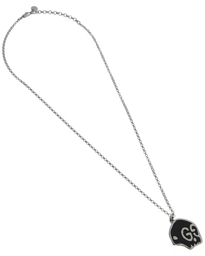 GUCCI GUCCI SILVER GHOST BLACK ENAMEL SKULL NECKLACE
