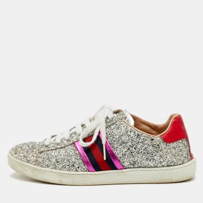 Pre-owned Gucci Silver Glitter And Leather Ace Low Top Sneakers Size 37