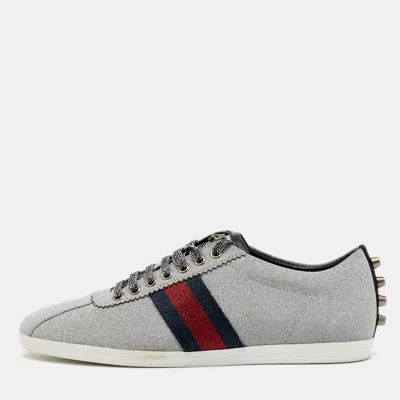 Pre-owned Gucci Silver Glitter Bambi Web Studded Low Top Sneakers Size 40