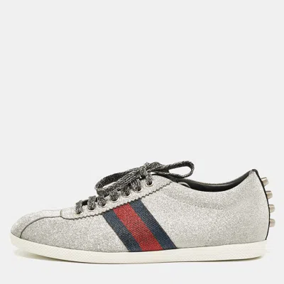 Pre-owned Gucci Silver Glitter Web Bambi Sneakers Size 38.5