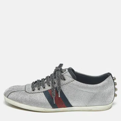 Pre-owned Gucci Silver Glitter Web Low Top Sneakers Size 38