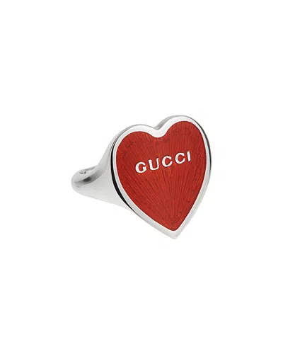Gucci Silver Heart Enamel Logo Ring In Red