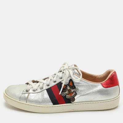Pre-owned Gucci Silver Leather Ace Low Top Sneakers Size 39.5