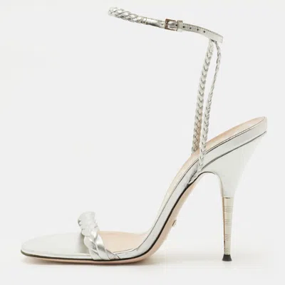 Pre-owned Gucci Silver Leather And Woven Leather Ankle Wrap Sandals Size 39.5