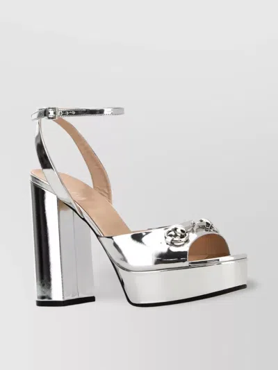 Gucci Silver Leather Block Heel Sandals With Embellished Detail