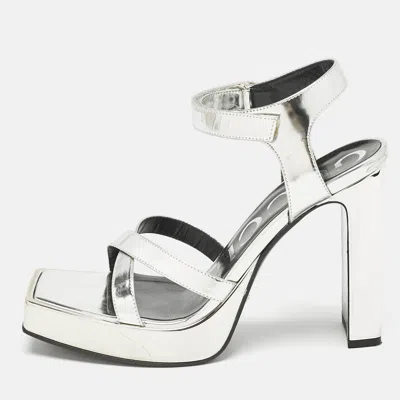 Pre-owned Gucci Silver Leather Buckle Crystal Embellished Ankle Strap Platform Sandals Size 36