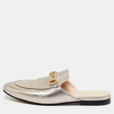 Pre-owned Gucci Silver Leather Horsebit Princetown Mules Size 38.5