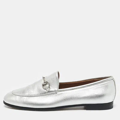 Pre-owned Gucci Silver Leather Jordaan Horsebit Slip On Loafers Size 39