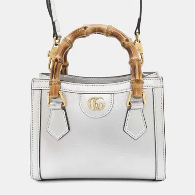 Pre-owned Gucci Silver Leather Mini Bamboo Diana Shoulder Bag