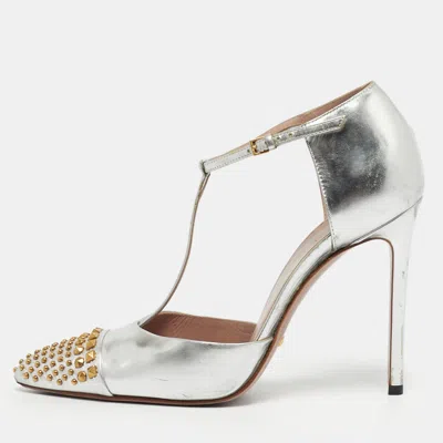 Pre-owned Gucci Silver Leather Stud Point Toe Ankle Strap Pumps Size 39.5