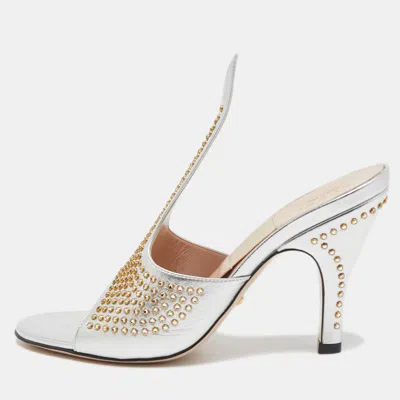Pre-owned Gucci Silver Leather Studded Cone Slide Sandals Size 36.5