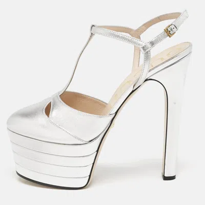 Pre-owned Gucci Silver Leather T-strap Platform Ankle Strap Pumps Size 40
