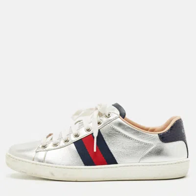 Pre-owned Gucci Silver Leather Web Detail Ace Low Top Sneakers Size 37