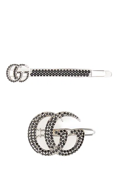 Gucci Silver Metal Hair Clips Set In Green