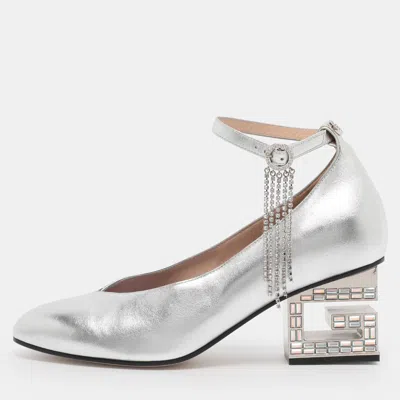Pre-owned Gucci Silver Metalic Leather Crystal Square G Ankle Strap Pumps Size 38.5