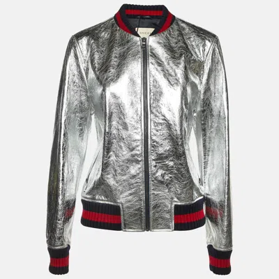 Pre-owned Gucci Silver Metallic Crinkle Leather Bomber Jacket Xl