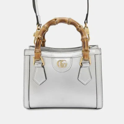 Pre-owned Gucci Silver Mini Calfskin Bamboo Diana Satchel