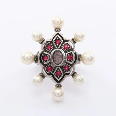Pre-owned Gucci Silver Pink White Artificial Pearl Rhinestone Stainless Steel Band Ring ()