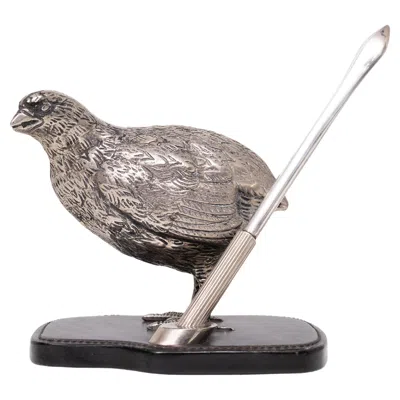 Pre-owned Gucci Silver Plated Quail Penholder With Leather Base, Italy