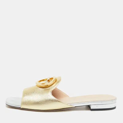 Pre-owned Gucci Silver/gold Leather Gg Interluck Logo Flat Slides Size 39.5
