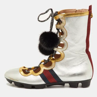 Pre-owned Gucci Silver/gold Leather Titan Gladiator Lace Up Sneakers Size 38