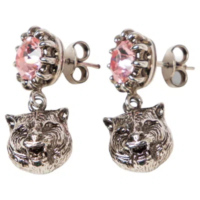 Pre-owned Gucci Silver-tone Feline Head & Crystal Dangle Earrings In Multi