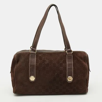 Pre-owned Gucci Sima Suede And Leather Satchel In Brown