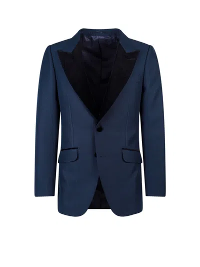 Gucci Single-breasted Blazer With Velvet Details In Blue