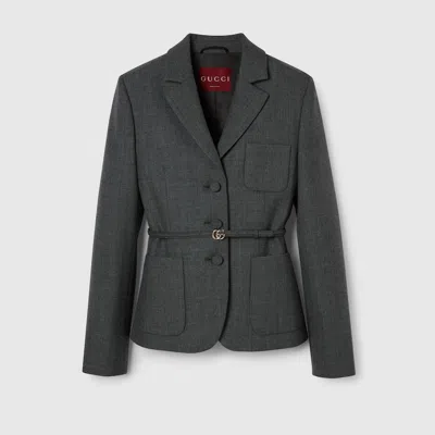Gucci Double G Belted Wool Grisaille Blazer In Gray