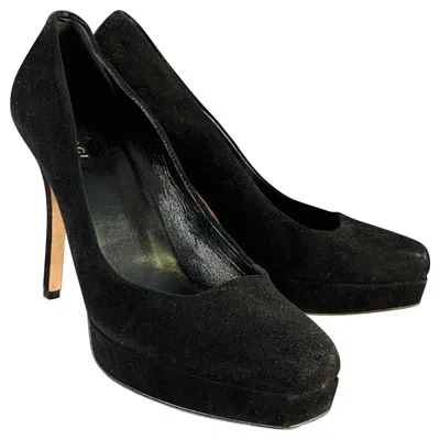 Pre-owned Gucci Size 10 Black Suede Stiletto Platform Heels Pumps