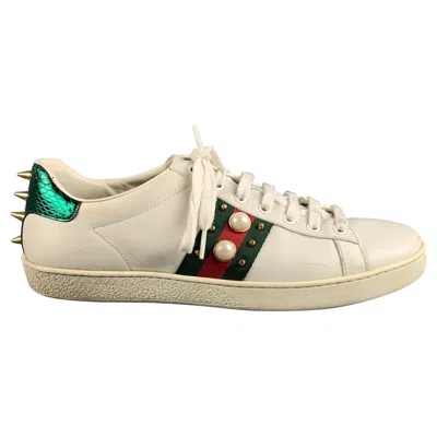 Pre-owned Gucci Size 10 White Green & Red Leather Ribbon Low Top Sneakers