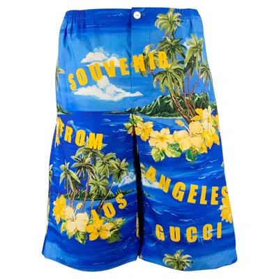 Pre-owned Gucci Size 30 Blue Yellow Hawaiian Cotton Bermuda Shorts