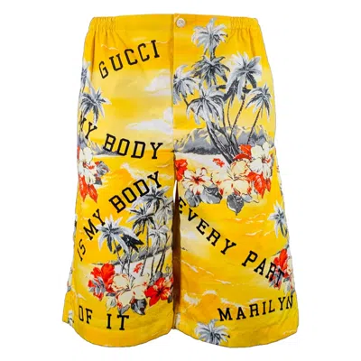 Pre-owned Gucci Size 30 Yellow Multi Color Hawaiian Cotton Bermuda Shorts